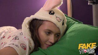 Fake Hostel Lesbian threesome with hot busty young brunette babes