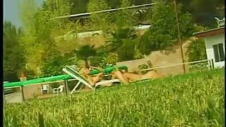 Lesbian teens playing with toys and pussies outdoors